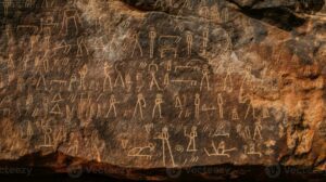 Large rock featuring intricate carvings and designs, set in a natural outdoor environment.