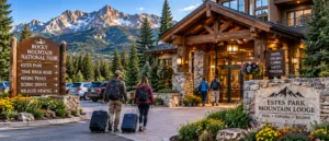 Rocky Mountain National Park: RV & Camping Essentials ?️?? 2 Travelers with luggage walking toward a mountain lodge entrance near Rocky Mountain National Park, surrounded by pine forests, colorful flowers, and dramatic mountain scenery.