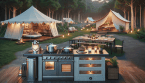 A cozy glamping tent with outdoor cooking setup, portable stove, and picnic table surrounded by nature.
