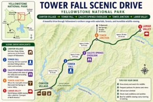 Tower Fall – Yellowstone’s Classic Waterfall 10 Map of the Tower Fall Scenic Drive in Yellowstone National Park showing Canyon Village, Tower Fall, Calcite Springs Overlook, Tower Junction, and Lamar Valley.