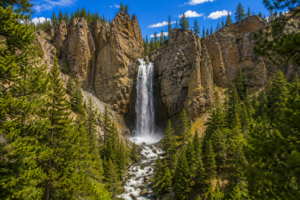 Tower Fall – Yellowstone’s Classic Waterfall 4 Tower Fall cascading through rugged volcanic rock pinnacles and evergreen forest on a bright summer day in Yellowstone National Park.