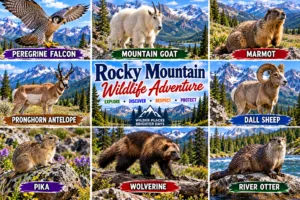 Rocky Mountain National Park: RV & Camping Essentials ?️?? 4 Rocky Mountain wildlife collage featuring a peregrine falcon, mountain goat, marmot, pronghorn antelope, Dall sheep, pika, wolverine, and river otter in realistic mountain habitats.