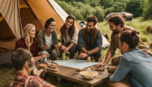 Group of people sitting around a table at a glamping campsite planning safety measures.