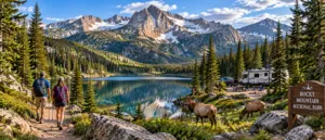 Rocky Mountain National Park: RV & Camping Essentials ?️?? 1 Hikers exploring a Rocky Mountain trail beside a clear alpine lake with elk, an RV campsite, evergreen forests, and snow-covered mountain peaks