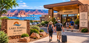 Travelers walking toward a Lake Powell resort entrance in Page, Arizona, with blue lake waters and dramatic red-rock canyon scenery in the background.