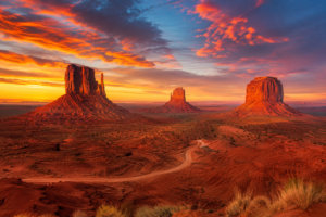 Monument Valley: Iconic Red Rock Landscape of The American Southwest 1 Sunset over Monument Valley with towering red sandstone buttes, dramatic clouds, and a winding desert path.