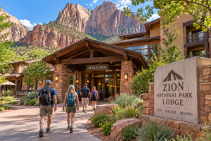 Guests walking toward a welcoming lodge entrance surrounded by towering red sandstone cliffs near Zion National Park, Utah.