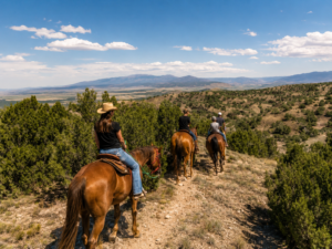 A group of riders on horseback following a trail through a sunlit, semi-arid landscape with scattered shrubs and distant mountains under a clear blue sky.