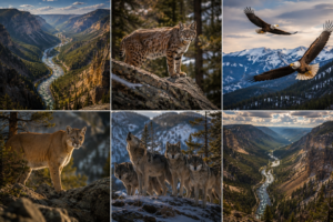 Yellowstone wilderness collage featuring wolves, bobcats, mountain lions, soaring eagles, deep mountain valleys, flowing rivers, forests, and dramatic canyon scenery.
