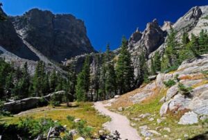 Scenic trail winding through a forested mountain landscape with towering peaks in the background.
