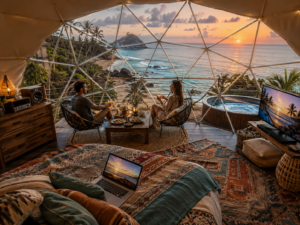 Luxury Rio de Janeiro glamping dome interior overlooking a tropical beach and ocean at sunset with a couple dining beside a hot tub, cozy rugs, colorful blankets, and scenic outdoor views through panoramic windows.