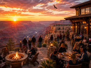 Luxury Grand Canyon South Rim patio overlooking dramatic canyon cliffs and the Colorado River at sunset with people dining outdoors, guests viewing the scenery, glowing lanterns, a fire pit lounge, and an eagle soaring overhead.