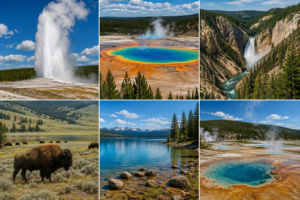 Yellowstone National Park collage featuring erupting geysers, colorful geothermal hot springs, waterfalls, mountain lakes, steaming geothermal pools, forests, and bison wildlife scenery.