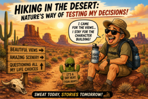 Monument Valley: Iconic Red Rock Landscape of The American Southwest 6 Humorous comic illustration of a hiker resting in the desert surrounded by red rock buttes, joking about the challenges of hiking in the Southwest.