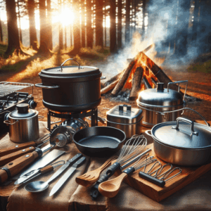 Outdoor cooking essentials neatly arranged on a picnic table, including a portable stove, pots, utensils, and spices — ready for glamping or camping adventures.