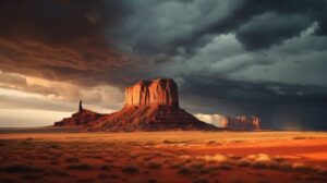 Monument Valley landscape with a towering sandstone butte, dark storm clouds, and sunlight breaking through.