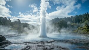Geyser shooting water and steam into the air surrounded by rocks, mountains, and forest.