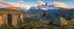 Hiker and tent overlooking a dramatic South American mountain valley with towering canyon cliffs, winding river, and snow-capped peaks at sunset.