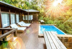 Luxury jungle retreat at Iguazu Falls with a building, outdoor pool, lounge chairs, and surrounding rainforest.