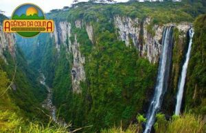 Steep rainforest canyon with a cascading waterfall and a creek running through lush vegetation.