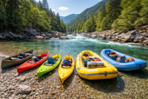 Panoramic river scene featuring colorful canoes, kayaks, and inflatable river rafts lined up along a rocky riverbank in a scenic mountain landscape.