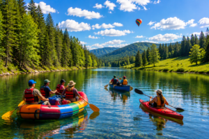 People enjoying a peaceful river rafting adventure on calm crystal-clear water with a rainbow raft, blue canoe, and red kayak surrounded by forest scenery, mountains, and a sunny partly cloudy sky.