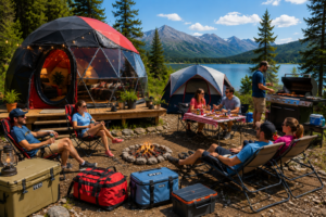 Luxury red and black glamping dome campsite beside a mountain lake with people relaxing in lounge chairs, grilling food, eating outdoors, and enjoying a daytime camping adventure surrounded by scenic mountain views.