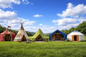 🌞🌈🏔️🌿Unique & Novelty Tents: 30 Medieval, Tipi & Yurts for Glamping & Festivals🎪🔥 1 Colorful unique tents in a green field under a bright blue sky: medieval tent with red and green panels, Native American-style tipi, green bell tent, blue canvas tent, and white yurt with decorative patterns.