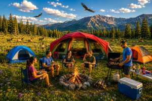 Friends relaxing around a campfire at a scenic mountain campsite with colorful tents, grilling food, outdoor dining, and forest views surrounded by wildlife and alpine scenery.