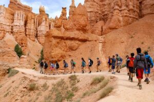 Four people walking through a canyon with tall walls and unique, unusual rock formations, surrounded by natural desert or rocky landscape.