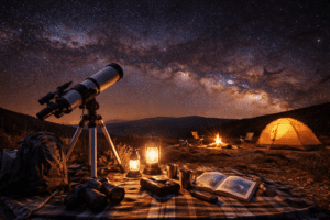 🌙🔭🌌 Stargazing Gear & Accessories — Ultimate Guide🔥🏕️ 1 Stargazing campsite at night featuring a telescope on a tripod, lanterns glowing on a blanket with binoculars and a star map, and a lit tent beside a campfire under a bright Milky Way sky in the mountains.