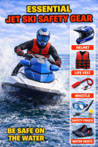Jet ski rider wearing safety gear including helmet and life vest with essential safety equipment like whistle and waterproof pouch displayed
