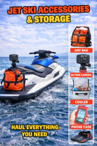 Jet ski with storage accessories including dry bag, action camera, cooler, and waterproof phone case secured on open water