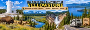 Wide panoramic Yellowstone National Park collage featuring Old Faithful, bison, elk, mountain valleys, winding rivers, Yellowstone Lake, canyon waterfalls, evergreen forests, and an RV traveling a scenic park road.