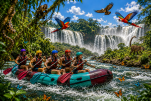 🚣🔥 Best River Rafts & Floating Docks for Water Adventures Ultimate Buying Guide 3 Rainforest rafting adventure scene inspired by Iguazu Falls featuring a maroon and turquoise inflatable raft traveling left to right through jungle rapids, colorful parrots flying overhead, monkeys in rainforest trees, a snake wrapped around a branch, butterflies near the river, falcon soaring above, and massive waterfalls surrounded by lush tropical scenery.