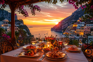 Scenic outdoor dining at sunset overlooking a coastal village with ocean views, candlelit table, and gourmet dishes