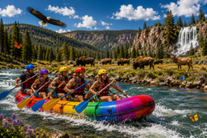 🚣🔥 Best River Rafts & Floating Docks for Water Adventures Ultimate Buying Guide 2 Wide Yellowstone-inspired rafting adventure scene featuring a colorful rainbow inflatable raft traveling left to right through a clear river, people wearing colorful helmets paddling through rapids, bison and elk grazing across the river, butterflies near the water, eagle flying overhead, pine forests, mountains, and a scenic waterfall in the background.