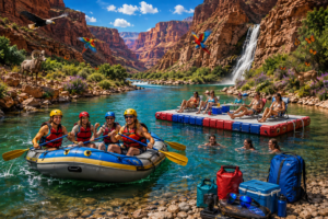 🚣🔥 Best River Rafts & Floating Docks for Water Adventures Ultimate Buying Guide 1 Grand Canyon river adventure scene featuring people rafting in a blue inflatable raft with colorful helmets, swimmers in clear blue water, a red and blue floating dock with people relaxing, butterflies, colorful birds, deer, a bighorn ram, waterfall, eagle flying overhead, and outdoor gear beside a scenic canyon river.