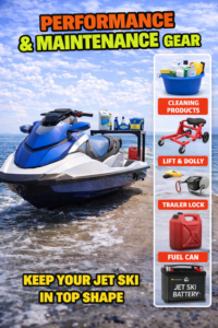 Jet ski on shoreline with performance and maintenance gear including cleaning supplies, dolly, fuel can, battery, and trailer lock