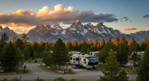 RV camper parked at a scenic campground with towering mountain peaks, evergreen forests, and a beautiful sunset sky, capturing the unforgettable beauty of a Yellowstone RV adventure.