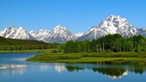 River flowing through vegetation and trees with large mountains in the background in Yellowstone National Park under a clear sky
