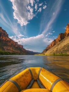 Yellow inflatable raft navigating a scenic canyon river with rushing water, surrounded by towering rock walls and natural landscape.