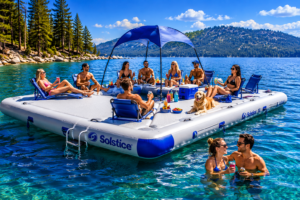 Floating Docks & Water Relaxation Gear: 30 Best Floating Platforms, River Loungers & Lake Essentials 2 Large inflatable floating dock platform on a clear blue lake with people relaxing under a canopy, friends lounging on the platform, and a couple enjoying the water nearby surrounded by mountains and pine trees.