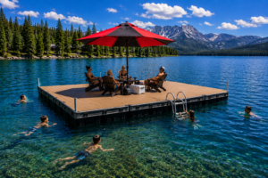 Floating Docks & Water Relaxation Gear: 30 Best Floating Platforms, River Loungers & Lake Essentials 1 Large floating dock platform on a crystal-clear mountain lake featuring a red and black umbrella, people relaxing in lounge chairs, swimmers enjoying the water, a swimming ladder, and stunning alpine scenery with evergreen forests and rugged mountain peaks.