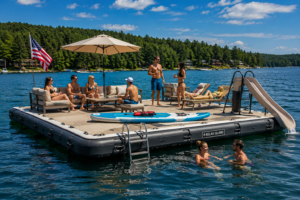 Floating Docks & Water Relaxation Gear: 30 Best Floating Platforms, River Loungers & Lake Essentials 3 Large heavy-duty floating dock island on a lake with people relaxing on outdoor furniture, sunbathing, socializing under an umbrella, and a couple swimming beside the platform on a sunny summer day.