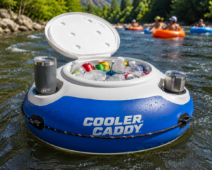 Floating Docks & Water Relaxation Gear: 30 Best Floating Platforms, River Loungers & Lake Essentials 6 Floating cooler drifting on a scenic river filled with ice, drinks, and water bottles while people enjoy tubing in the background on a sunny summer day.