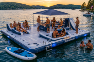 Floating Docks & Water Relaxation Gear: 30 Best Floating Platforms, River Loungers & Lake Essentials 4 Large floating dock party platform on a lake at sunset with people relaxing, socializing, enjoying drinks, swimming beside the dock, and lounging under a canopy with scenic water views.