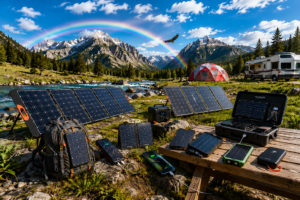 Outdoor remote workspace beside a mountain river at sunset featuring a man using a laptop, portable power station, power banks, charging hubs, and travel electronics. An RV camper, campfire, forest, mountains, and rainbow create a scenic camping and glamping backdrop.