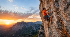 Rock climber scaling a steep cliff at sunset with climbing rope, harness, and mountain views in the background, showcasing outdoor adventure and rock climbing gear.