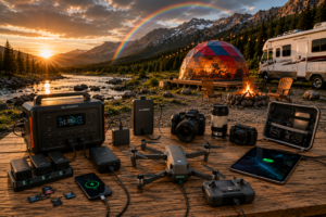 Drone, camera, and tech charging gear arranged on a riverside campsite table with charging hubs, battery chargers, camera equipment, drones, power banks, and electronics. A red-and-blue glamping dome and RV camper sit nearby beneath a rainbow and mountain landscape.